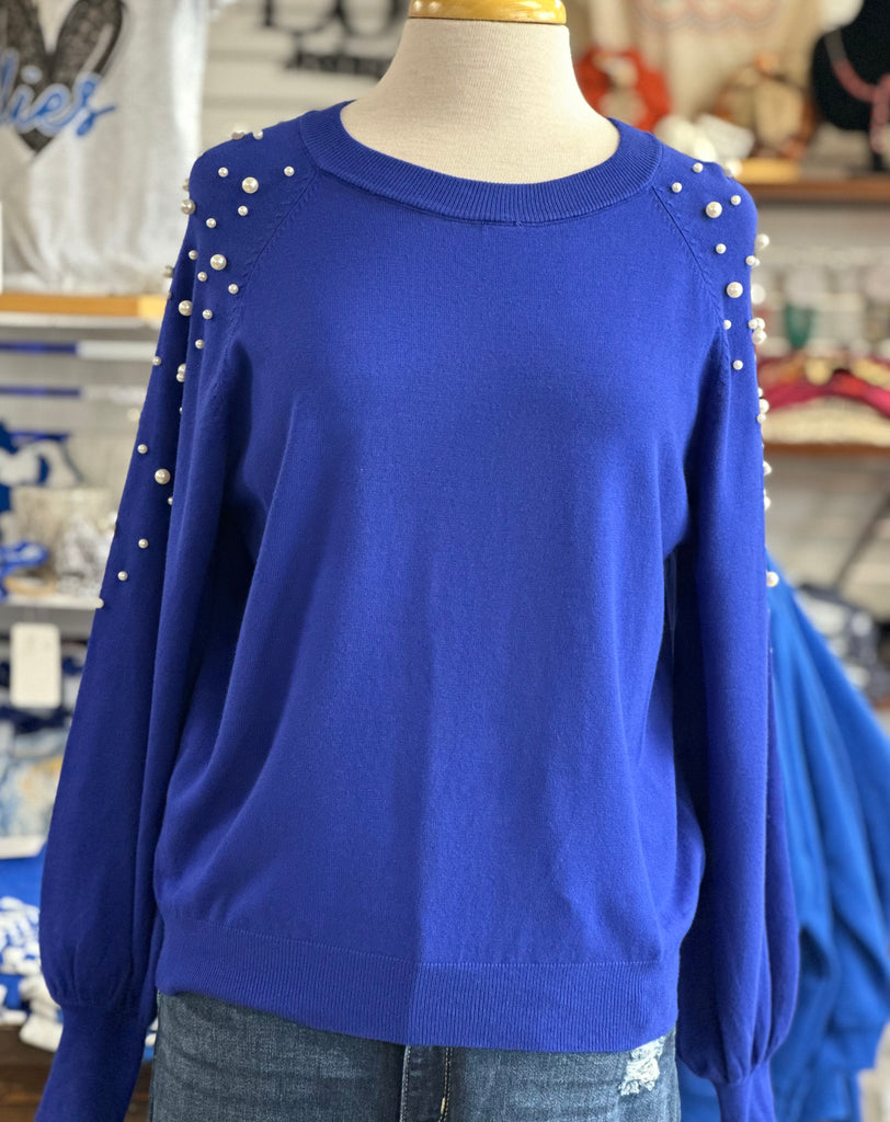 Round Neck Sweater with Sleeve Pearl Details