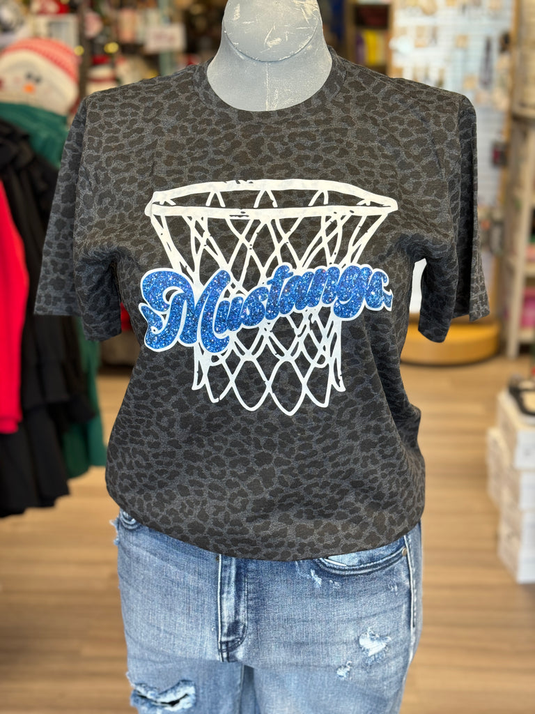 Olton Basketball Faux Glitter Leopard Tee - Mustangs