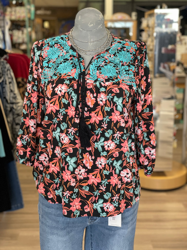 Francine Floral Print Top with Teal Floral Embroidery