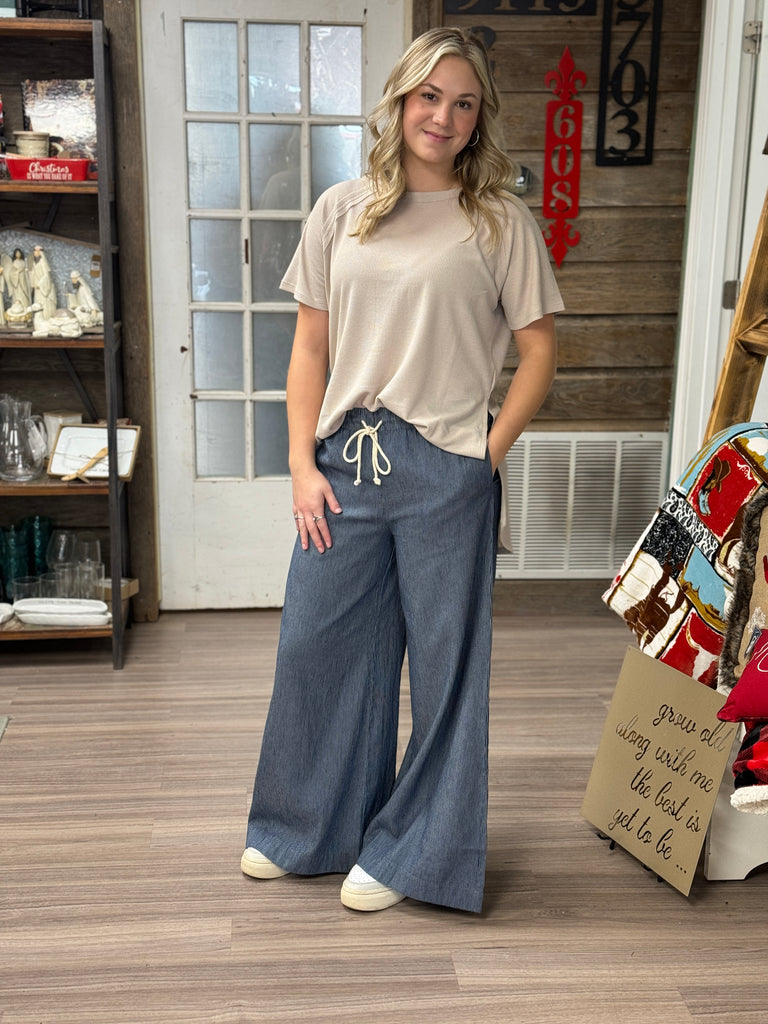 Washed Pinstriped Tie Waist Wide leg Pants