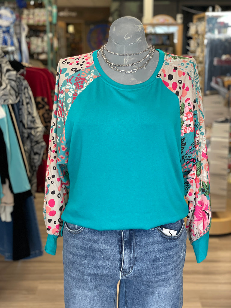 Round Neck Jade Top with Mixed Print Long Sleeves