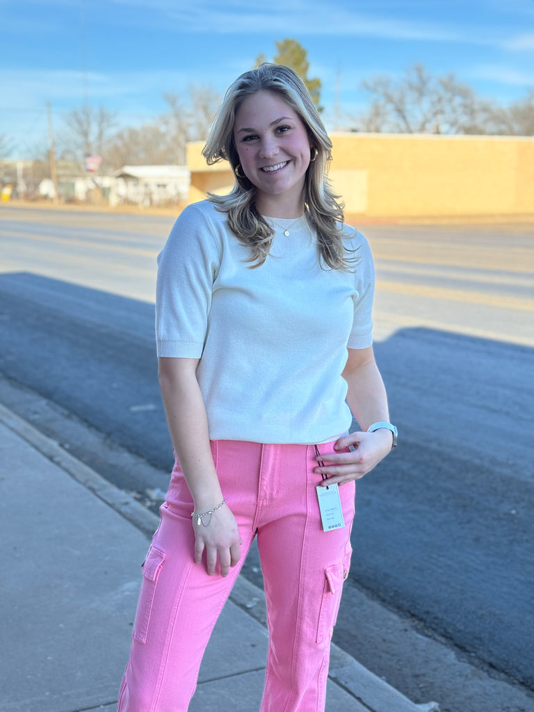 Mock Neck Solid Knit Top with Short Sleeves