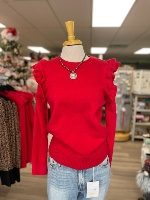Red Solid Knit Sweater with a Ruffled Shoulders