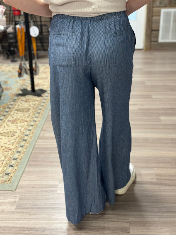 Washed Pinstriped Tie Waist Wide leg Pants