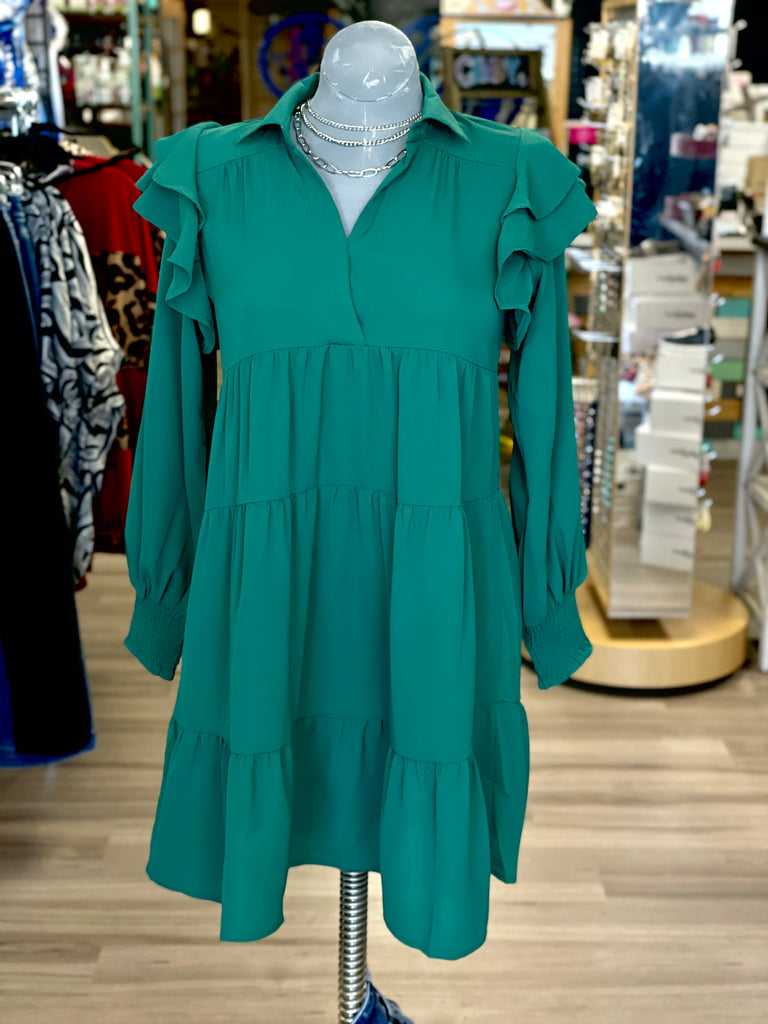 Tiered Collared Dress with Double Ruffle - Hunter Green
