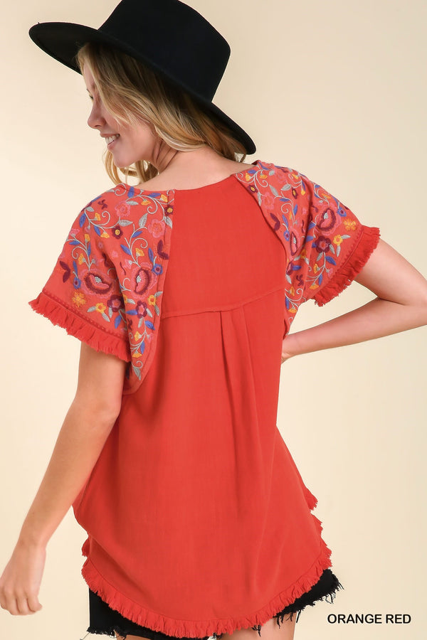 Red Embroidery Round Neck Short Sleeve Linen Top - Steel Grace