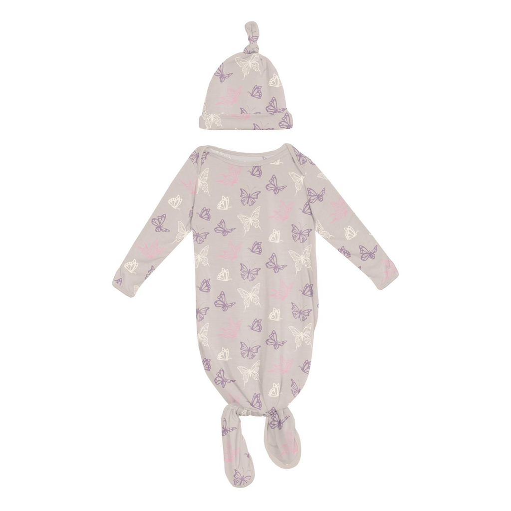 Kickee Knotted Layette Gown and Hat Set - Latte Butterfly