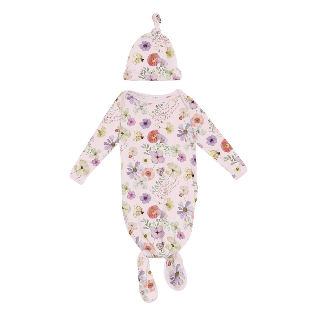 Kickee Knotted Layette Gown and Hat Set - Violet Pressed Flowers