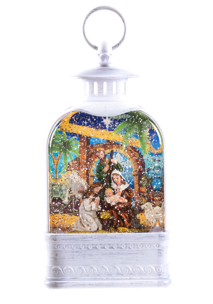 White Snow Globe Lantern with Nativity