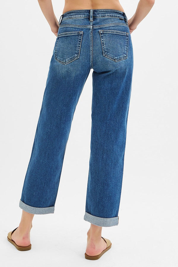 Risen Mid Rise Boyfriend Roll Up Dark Jeans