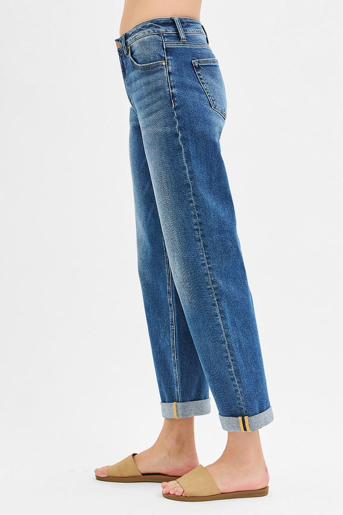 Risen Mid Rise Boyfriend Roll Up Dark Jeans