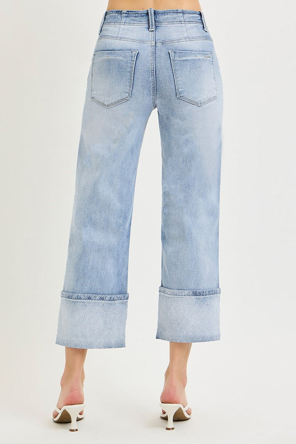 Risen High Rise Crop Jeans with Plaid Cuffs