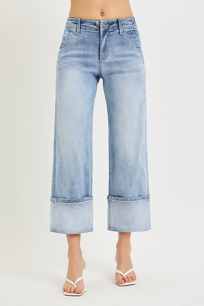 Risen High Rise Crop Jeans with Plaid Cuffs