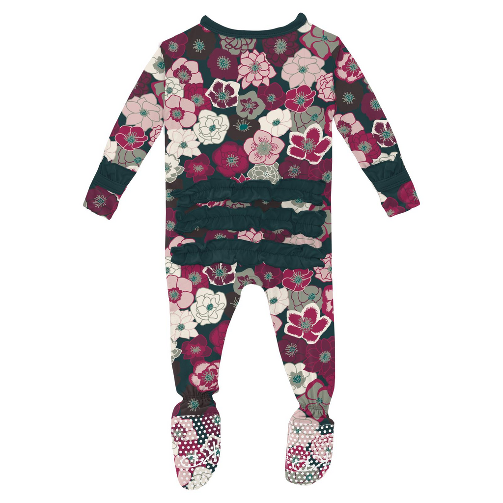 Kickee Classic Ruffle Footie with 2 Way Zipper - Dahila Flower