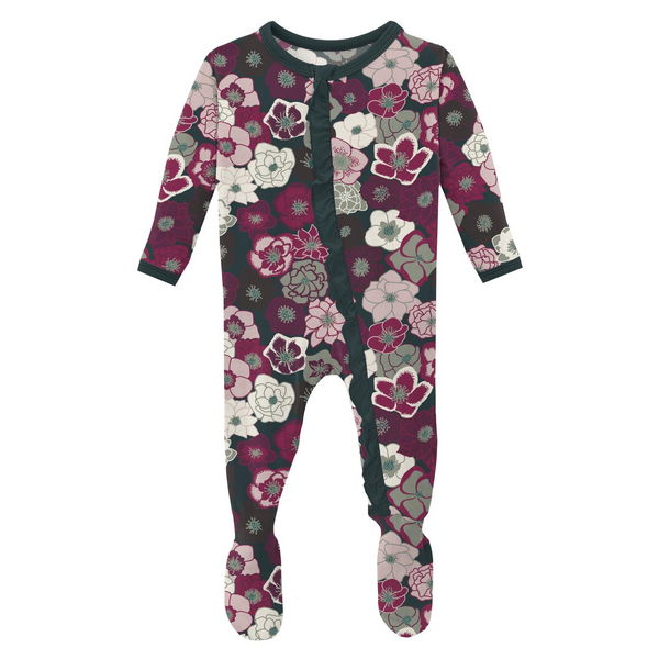 Kickee Classic Ruffle Footie with 2 Way Zipper - Dahila Flower