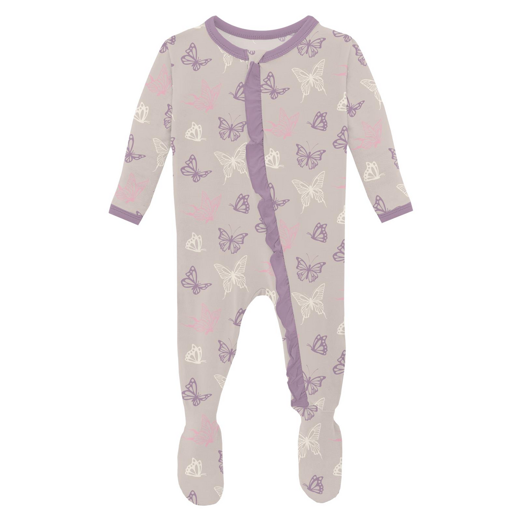 Kickee Footie with 2 Way Zipper - Latte Butterflies