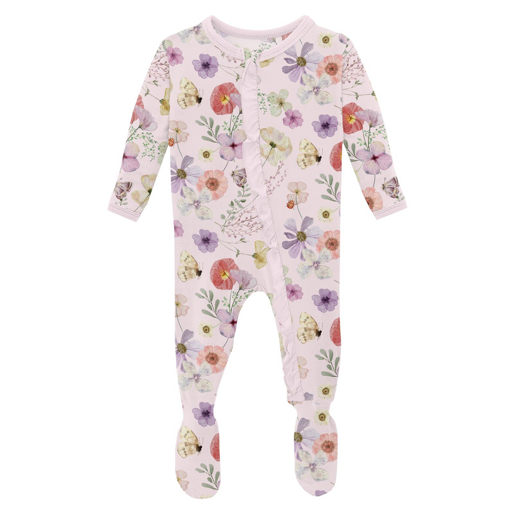 Kickee Footie with 2 Way Zipper - Shrinking Violet Pressed Flowers
