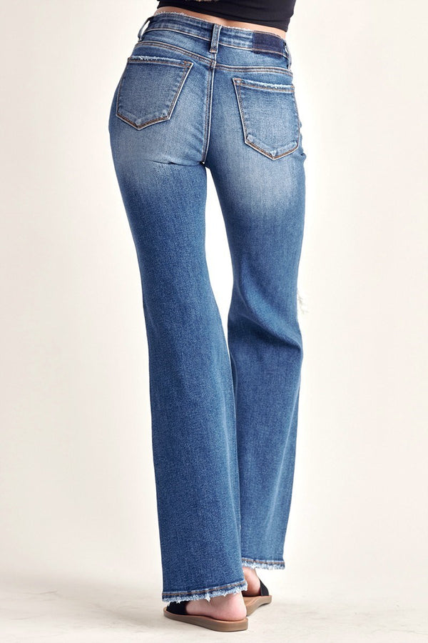 Risen MID RISE DISTRESSED FLARE DARK JEANS