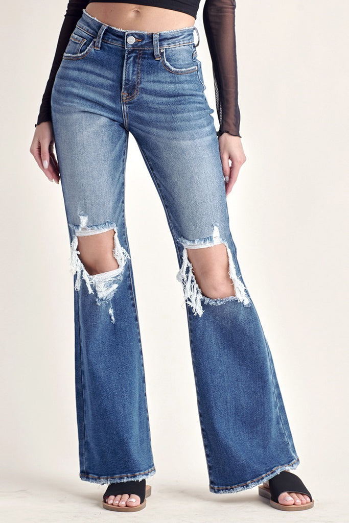 Risen MID RISE DISTRESSED FLARE DARK JEANS