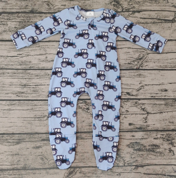 Blue Tractor Long Sleeve Baby Romper