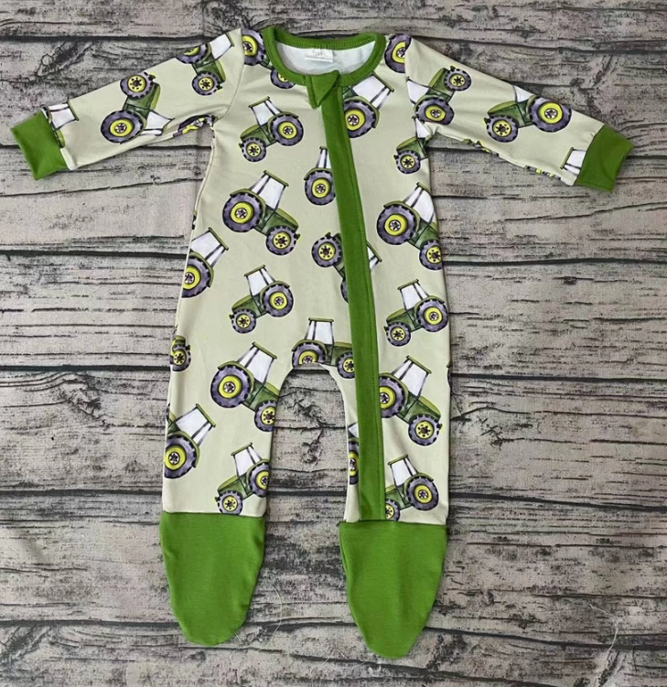 Baby Boys Green Tractor Footie Zip Rompers