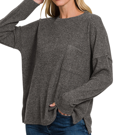 Ribbed Melange Sweater with Pocket