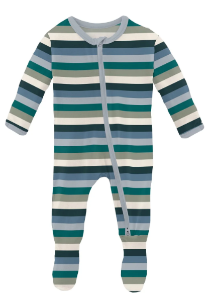 Kickee Pants Footie with 2 Way Zipper - Snowy Stripes