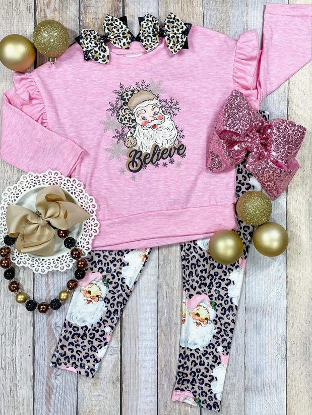 Pink Santa Animal Print Believe Leggings Set