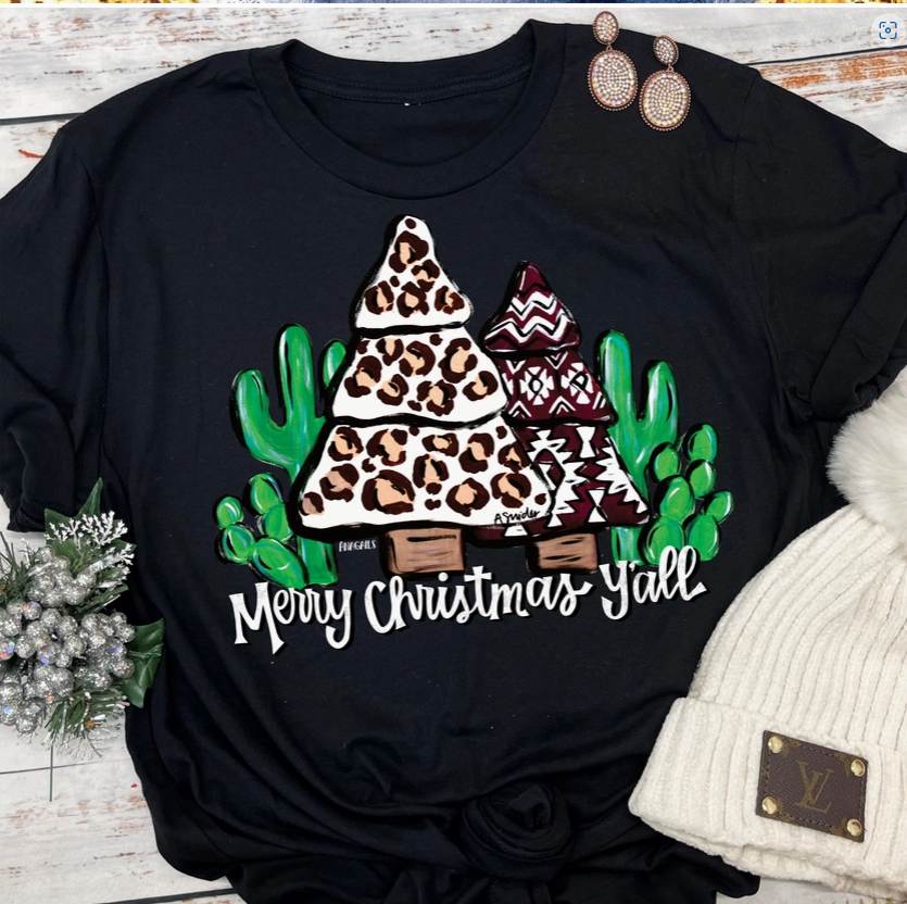Merry Christmas Y'all Western Trees Tee