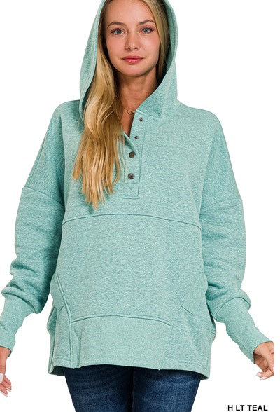 Heather Half Button Hooded Pullover - Heather Teal