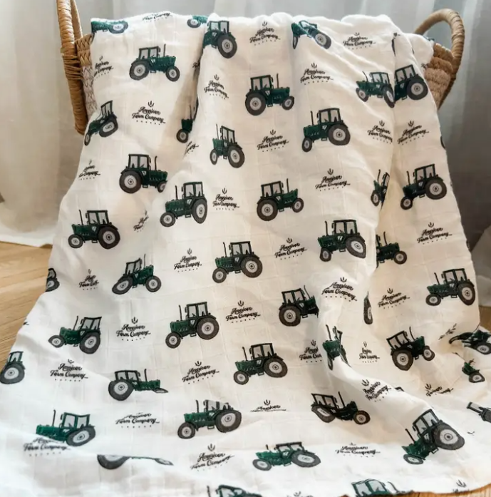 Oversized Green Tractor Muslin Blanket