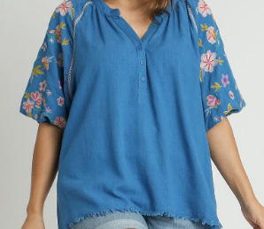 Lindsay Blue Botton Down Top with Floral Embroidery