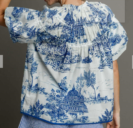 Toile Print Boxy Cut Top with Ruffle Neckline