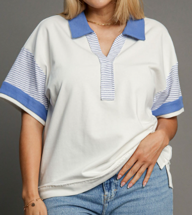 Solid Stripe Mixed Collared Top
