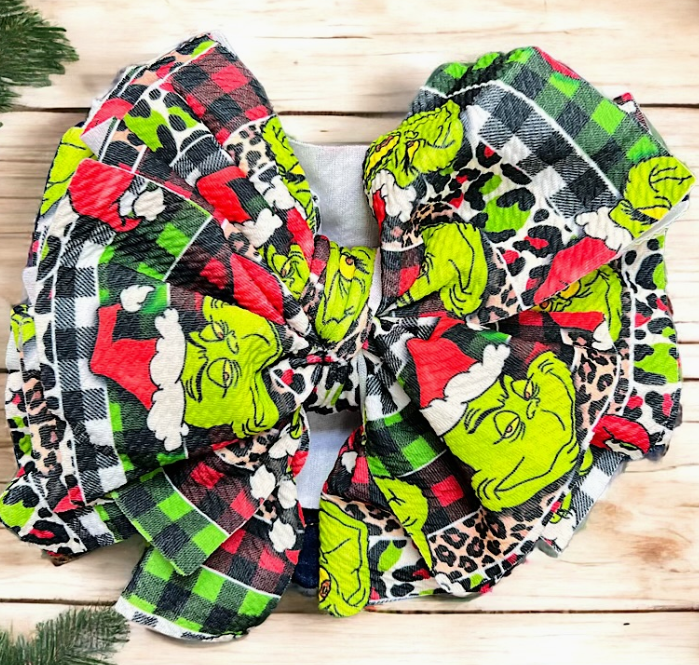 Grinch with Plaid/Leopard Printed Headband
