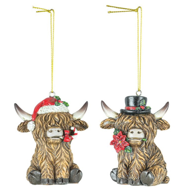 Christmas Highland Cow Ornament 2 Asst