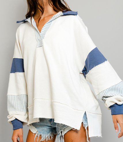 FRENCH TERRY KNIT COLOR-BLOCK COLLARED LOOSE FIT TOP