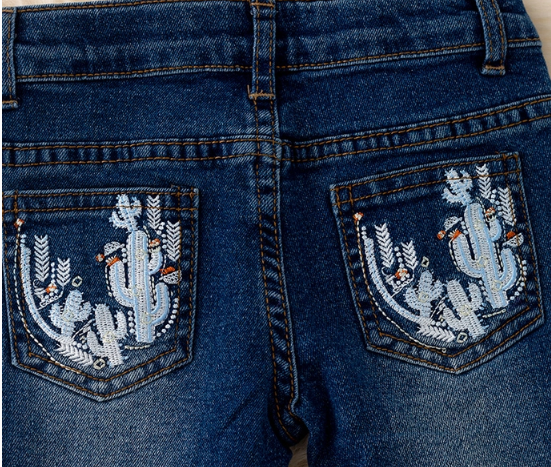 Dark Blue Bootcut Pants w/ Embroidered Pocket