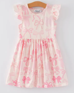 Bow Print Flying Sleeve Girls Dress