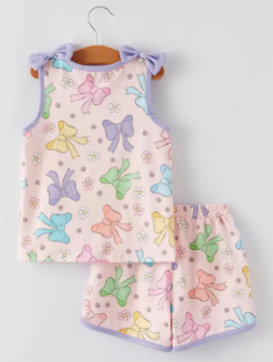 Purple Bow Sleeveless Vest Top and Shorts Set
