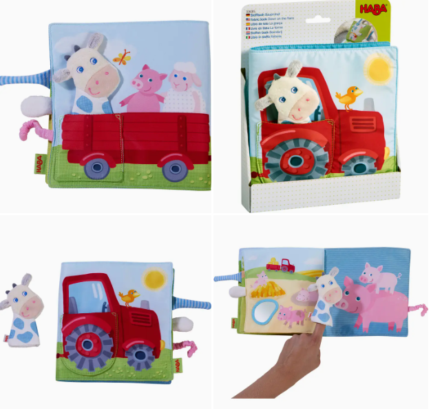 Farm Soft Book w/ Cow Puppet - Interactive Fabric Baby Book