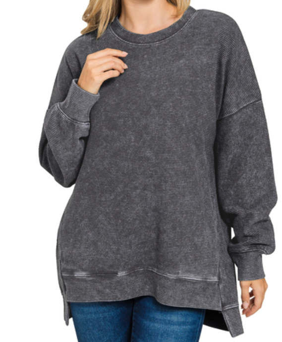 Acid Washed Double Ribbed Hi-low Pullover