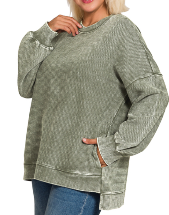 Acid Washed Double Ribbed Hi-low Pullover