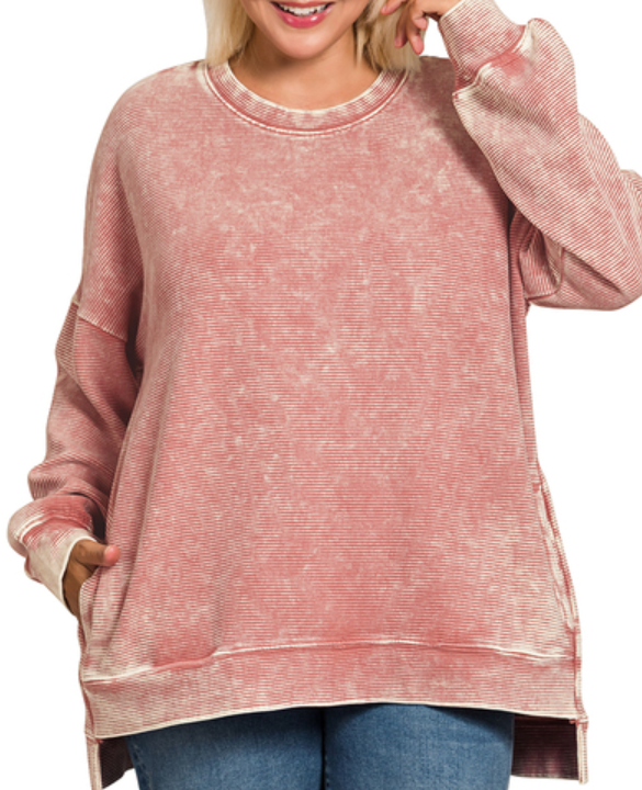 Acid Washed Double Ribbed Hi-low Pullover
