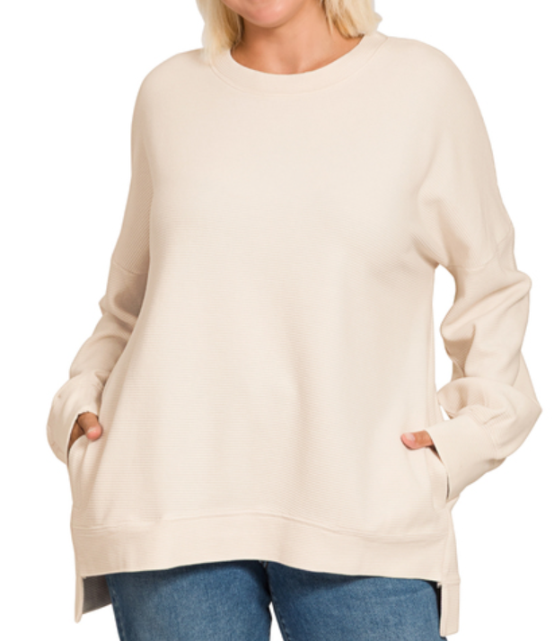 Acid Washed Double Ribbed Hi-low Pullover