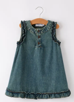 Vintage Denim Ruffle Girls Dress - Steel Grace