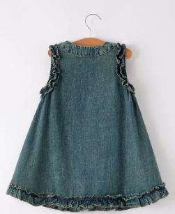 Vintage Denim Ruffle Girls Dress - Steel Grace