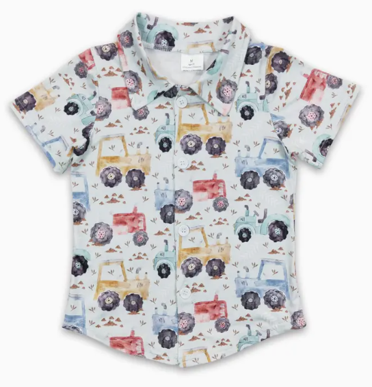 Tractor Short Sleeves Boy Button Up Farm Shirt