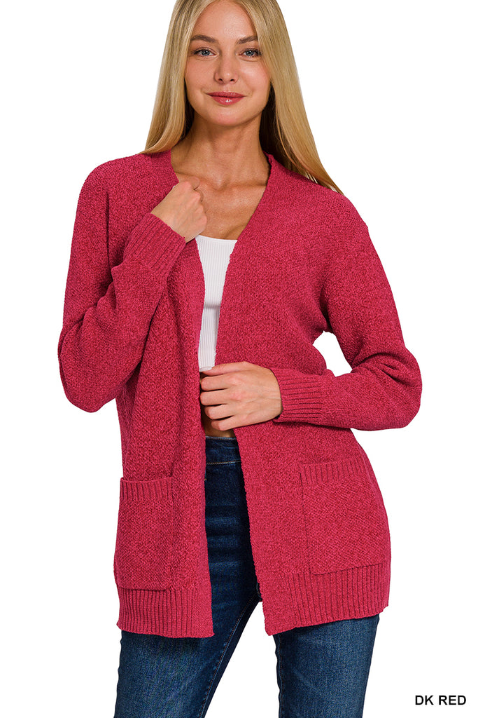 Mélange Open Front Sweater Cardigan - Red