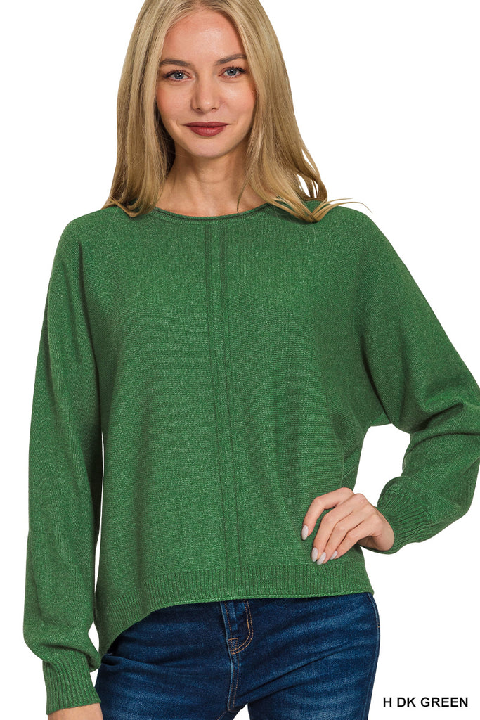 Viscose Front Seam Round Neck Sweater -  Dk Green